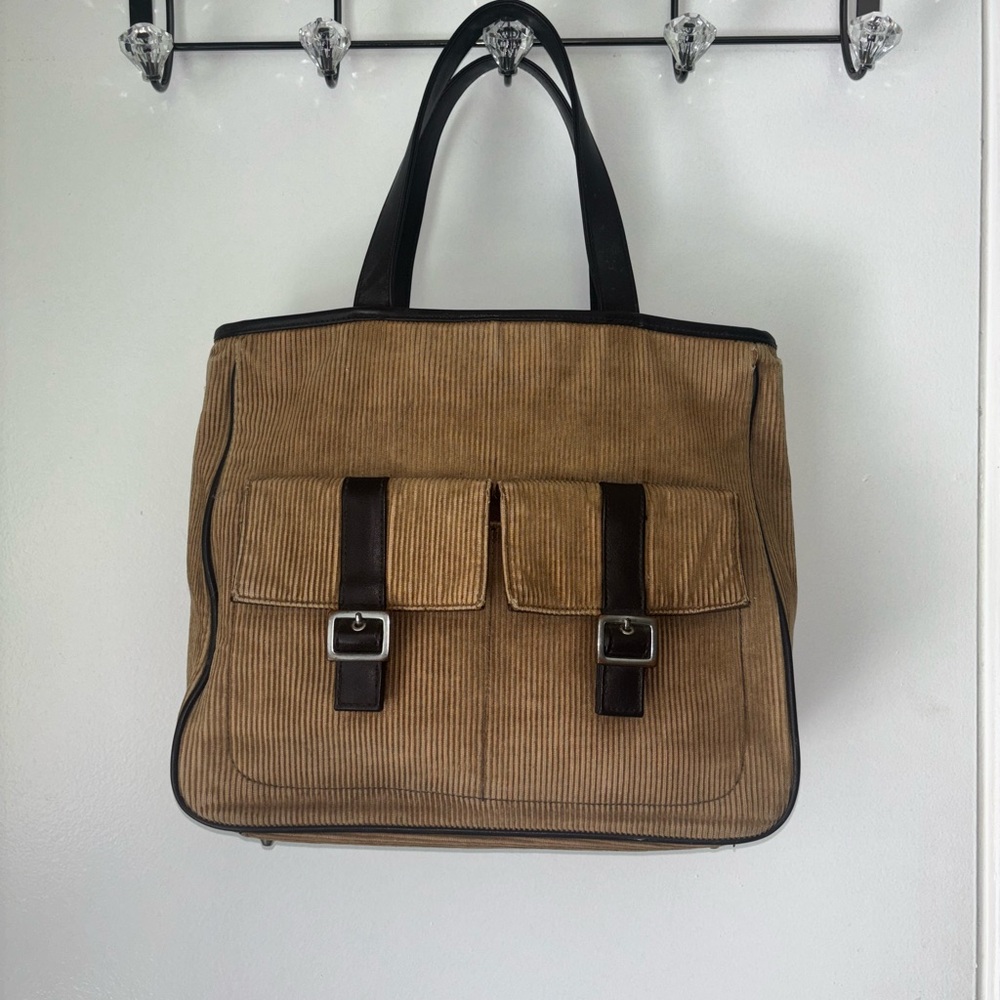Vintage Y2K Corduroy Tote Shoulder Bag Purse Max Mara Brown Tan Flap Pockets 90s